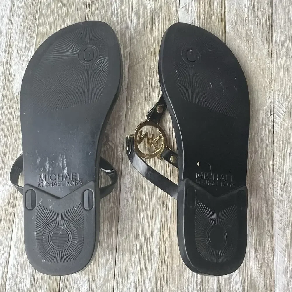 MICHAEL KORS Black Jelly Cork Thongs Flat Sandals Size 7 MK Gold Logo Flip Flops